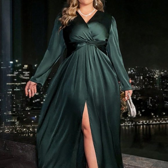 Green Preppy Womens Solid Color Waist Twisted Front Slit Maxi Dress - Picture 4 of 5